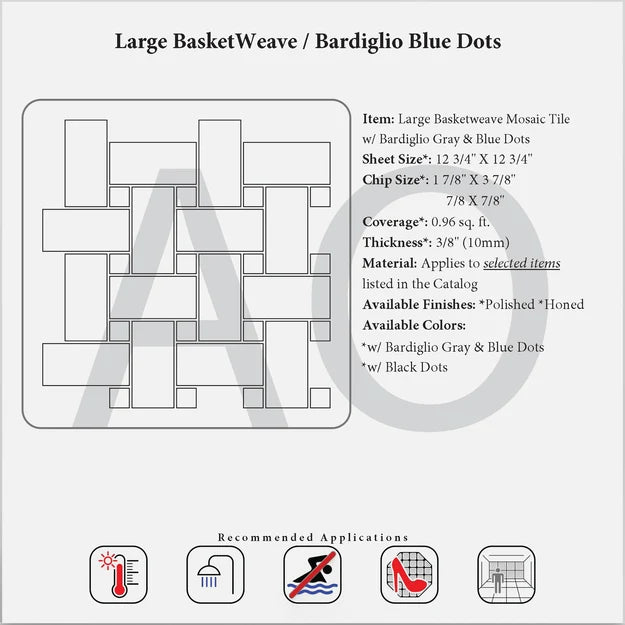 A spec sheet for Bianco Carrara large basketweave mosaic tile with blue dots.