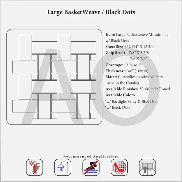Carrara White large basketweave mosaic with black dots specification reference.