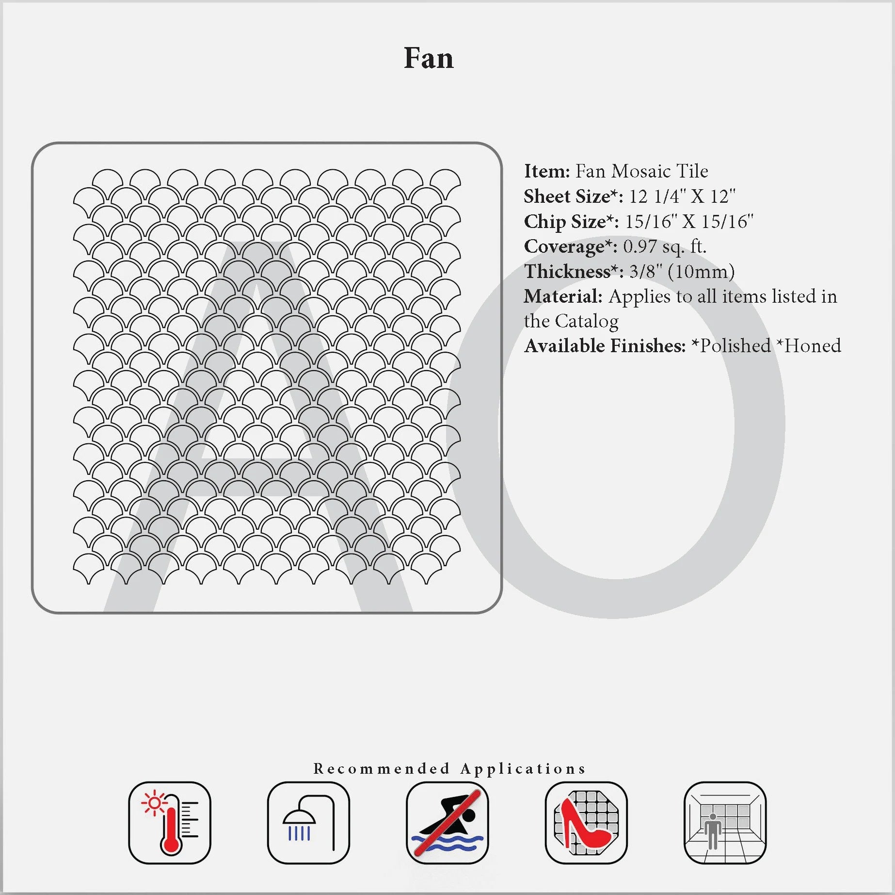 Fan-shaped Mosaic Tile, measuring 12 1/4” x 12” per sheet, with individual chips sized at 15/16” x 15/16”. Provides 0.97 sq. ft. coverage per sheet and features a 3/8” (10mm) thickness. Available in both polished and honed finishes, ideal for decorative wall applications in dry areas, adding a luxurious and elegant accent.