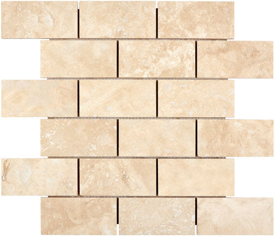 Ivory Travertine 2 x 4 mosaic tile honed finish for elegant kitchen backsplashes and bathroom walls.