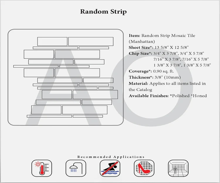 a diagram shows technical specs of Marble Mosaic Random Strips