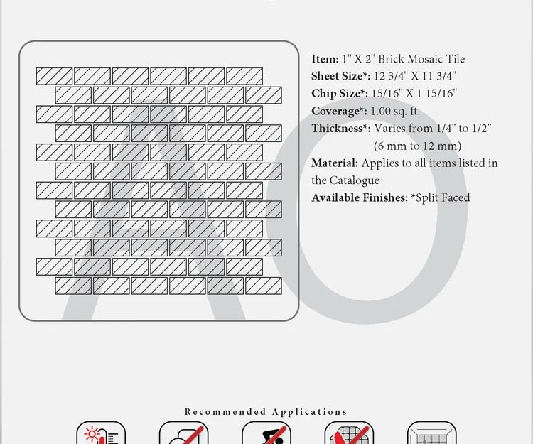 Generic 1×2 split-face mosaic specification reference; exact Crema Marfil stone is not confirmed.