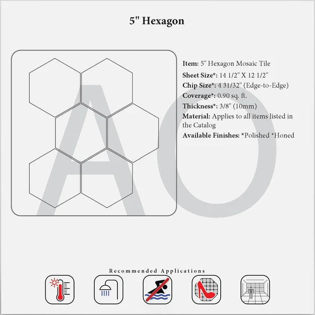 Carrara White Gioia 5-inch hexagon mosaic specification reference.