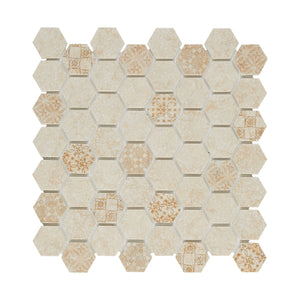 Desert Pearl hexagon mosaic tiles installed in a modern bathroom.