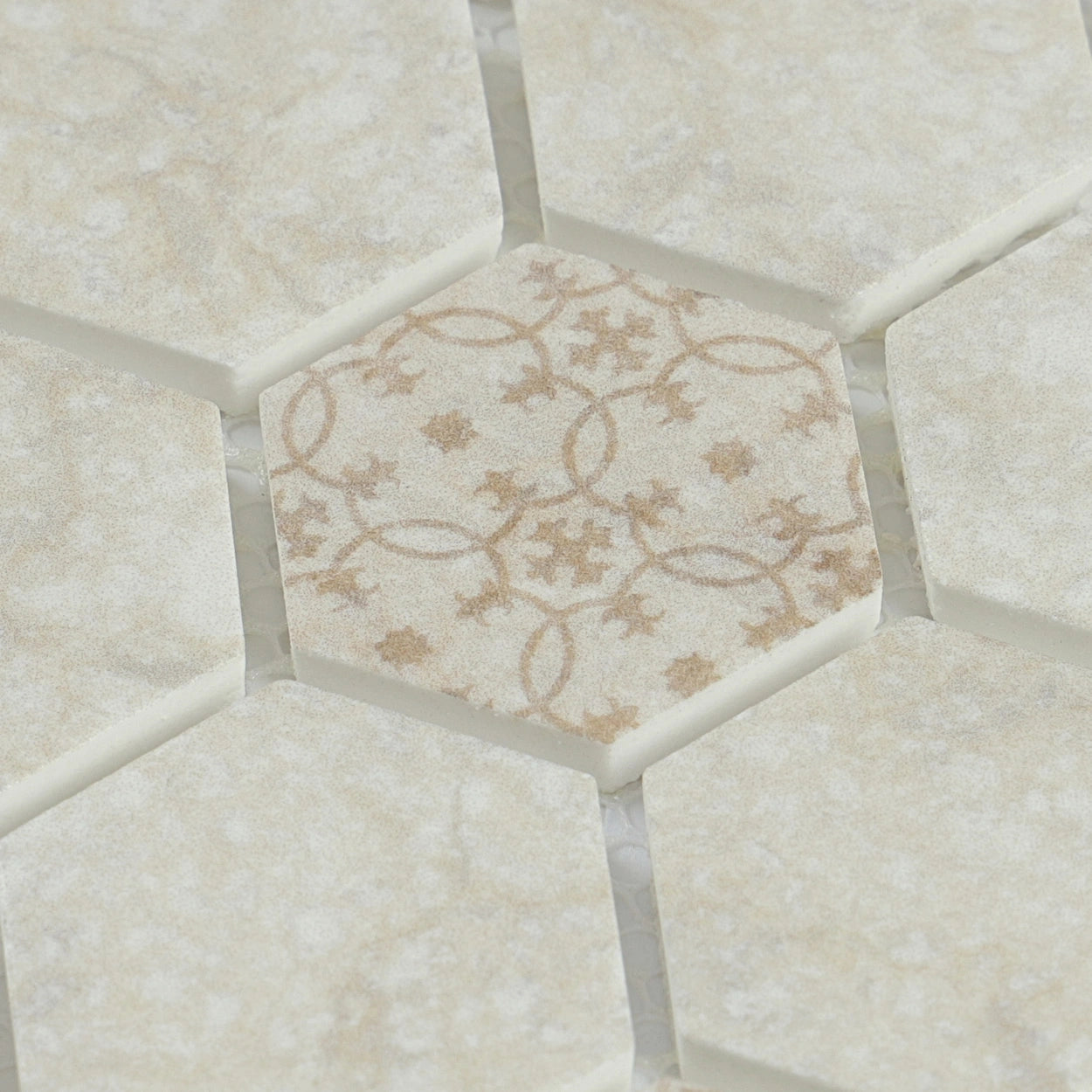 Desert Pearl hexagon mosaic tiles installed in a modern bathroom. Close up image showing motive detail.