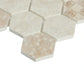 Desert Pearl hexagon mosaic tiles installed in a modern bathroom. Close up image showing corber detail.