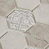 Ash Mirage hexagon mosaic tiles used as a kitchen backsplash. Detailed motive close-up image.