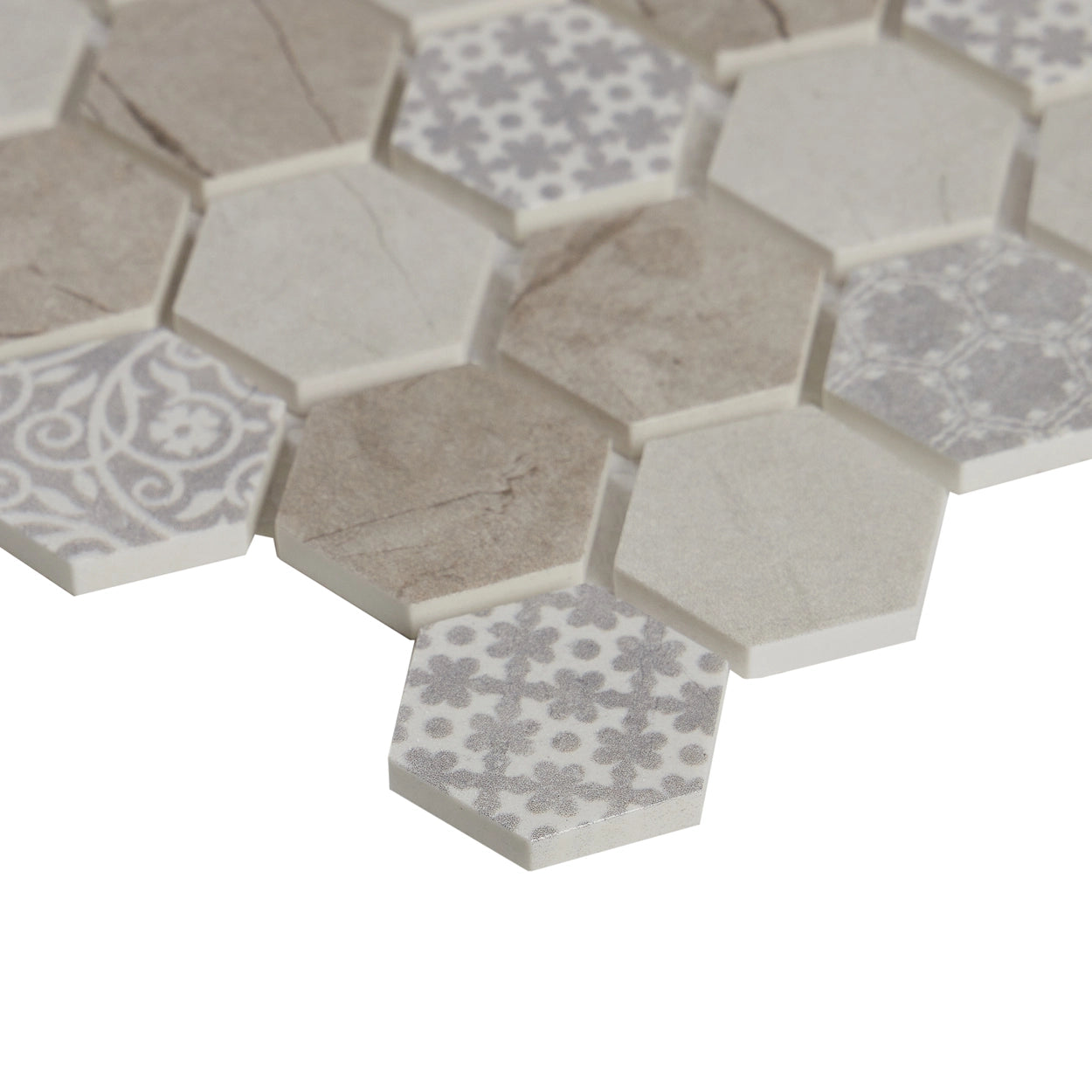 Ash Mirage close-up: hexagon mosaic tiles used as a kitchen backsplash.