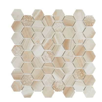 Ash Mirage hexagon mosaic tiles used as a kitchen backsplash.