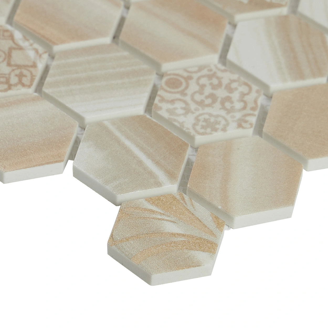 Ash Mirage hexagon mosaic tiles close-up image: used as a kitchen backsplash. 