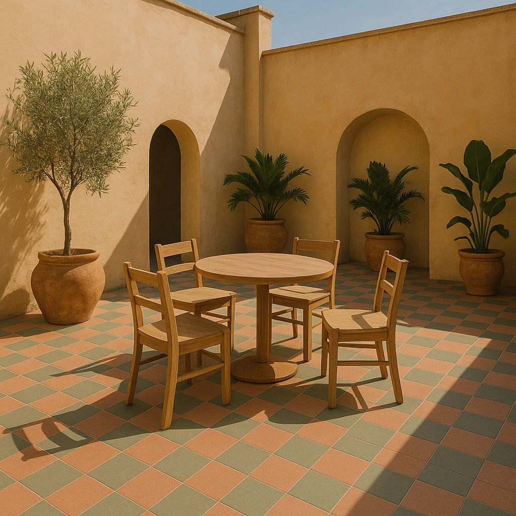 Sunlit Mediterranean courtyard with terracotta and olive checkerboard porcelain tile flooring and olive trees.
