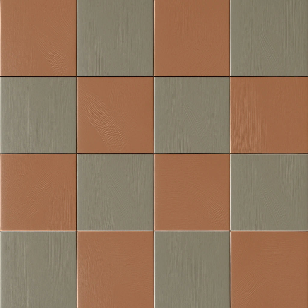 Terracotta and olive matte porcelain checkerboard tile pattern, flat view.
