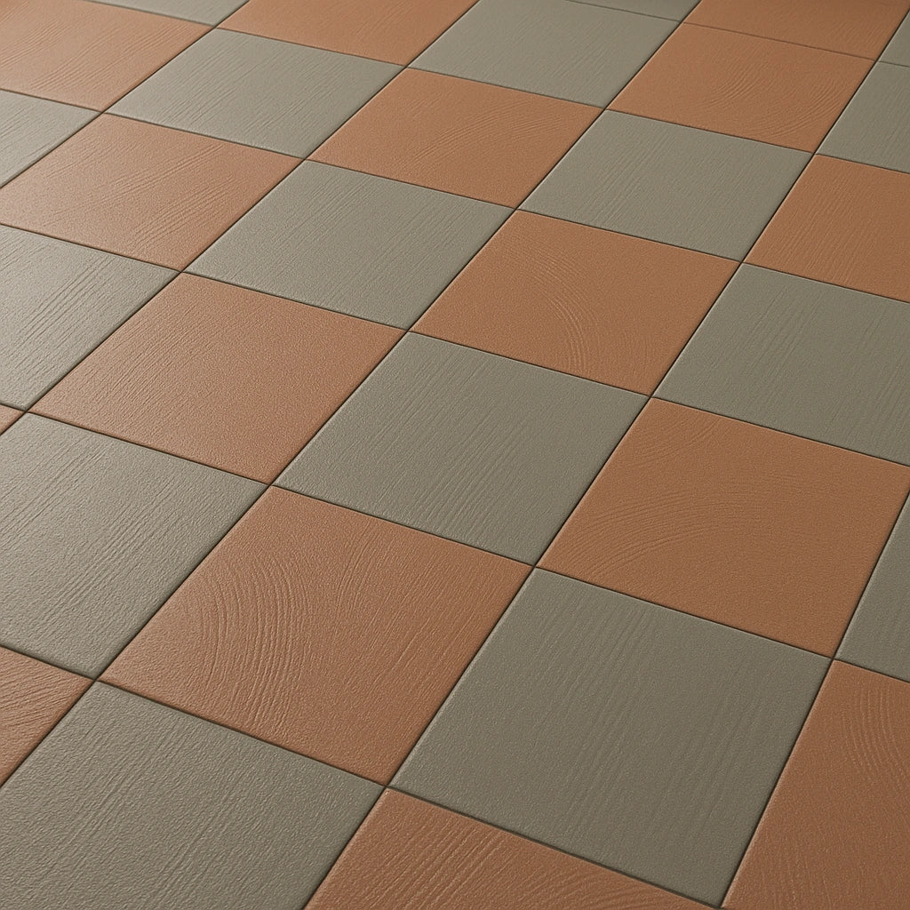 Angled close-up view of terracotta and olive porcelain checkerboard tile flooring.
