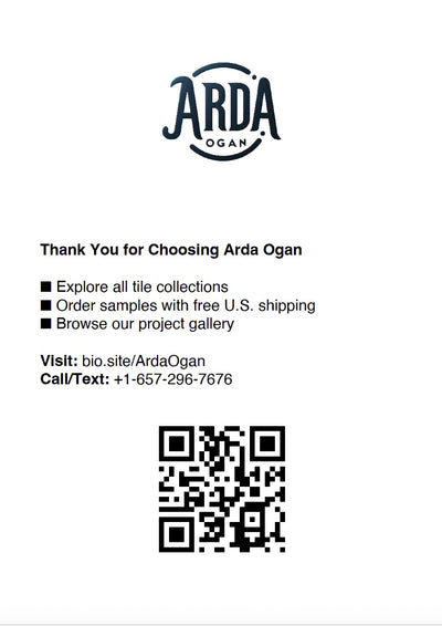 Arda Ogan contact card with QR code and contact information on a white background