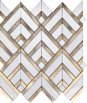 Golden Glamour Mosaic Tile – 12”x13-1/4” Marble and Aluminum with Warm Gold Hues.