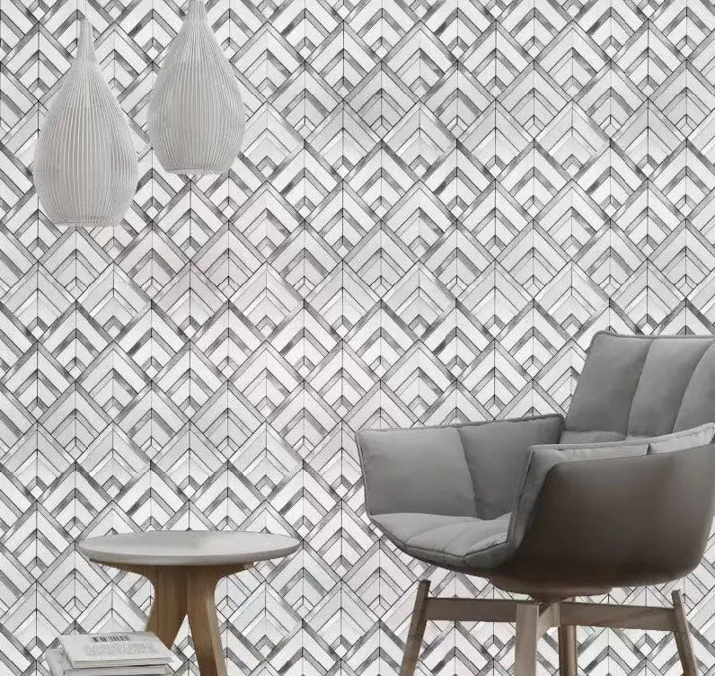 Showcasing Silver Radiance Mosaic Marble and Aluminum with Sleek Silver Tones.