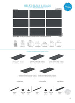 SeraPool Relax Black on Black full-body porcelain pool tile chart with nine faces and non-rectified field formats.