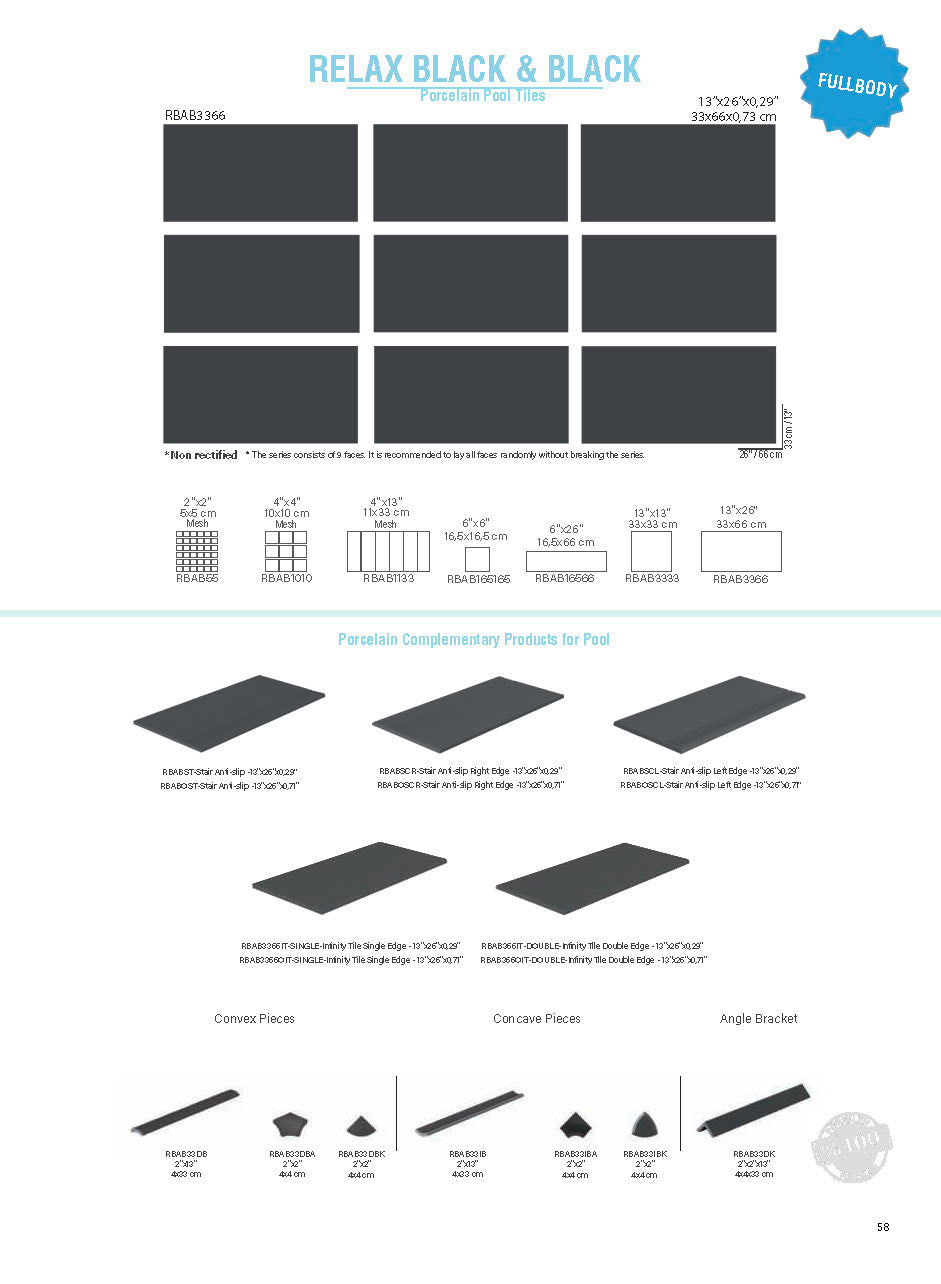 SeraPool Relax Black on Black full-body porcelain pool tile chart with nine faces and non-rectified field formats.