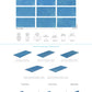 SeraPool Relax Blue porcelain pool tile chart with nine faces, field sizes, mosaics, and matching edge and trim pieces.