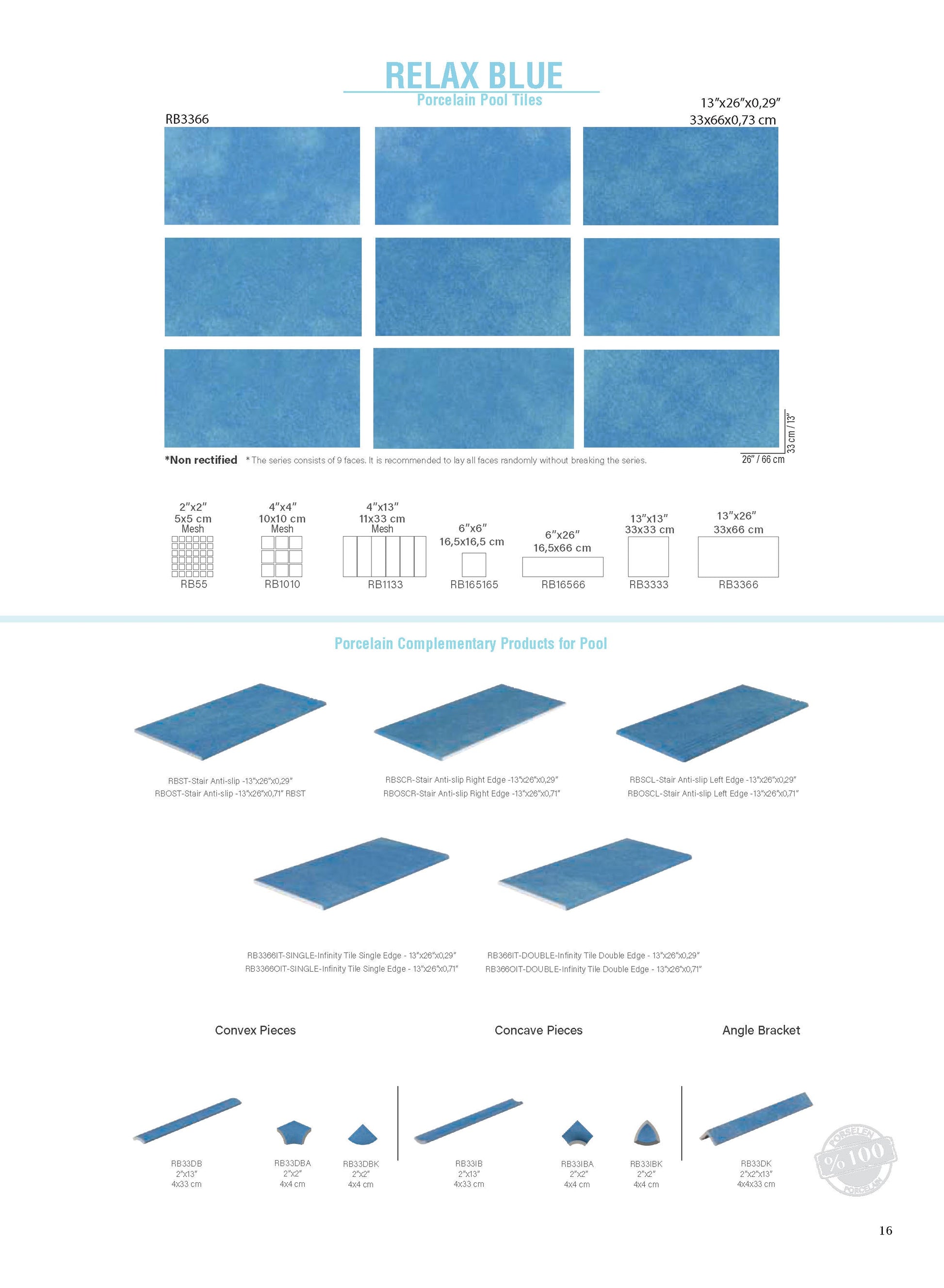 SeraPool Relax Blue porcelain pool tile chart with nine faces, field sizes, mosaics, and matching edge and trim pieces.
