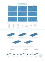 SeraPool Relax Blue porcelain pool tile chart with nine faces, field sizes, mosaics, and matching edge and trim pieces.
