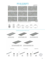 SeraPool Relax Cemento porcelain pool tile catalog view with nine field faces, matching mosaics, and pool edge pieces.