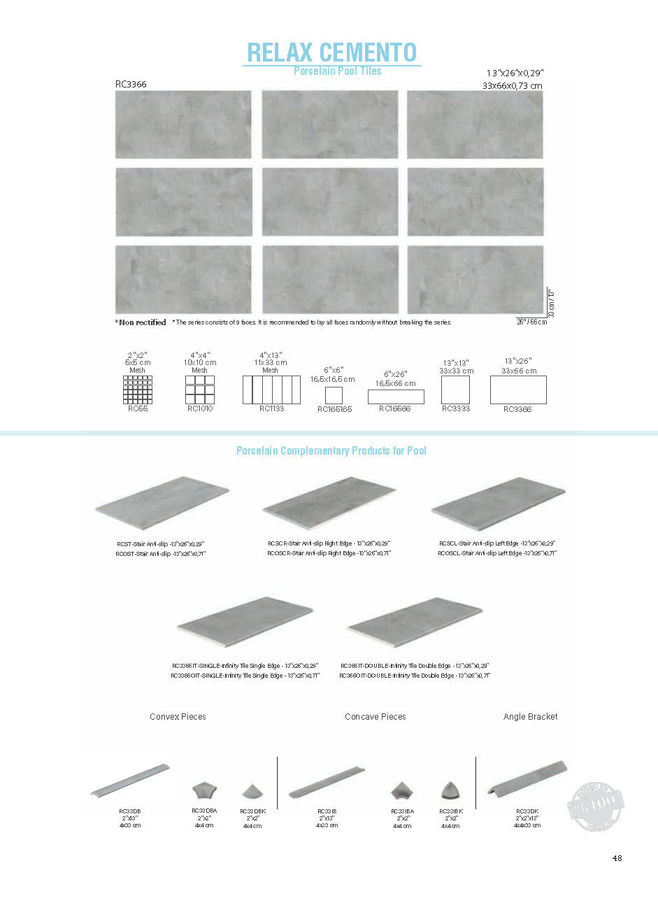 SeraPool Relax Cemento porcelain pool tile catalog view with nine field faces, matching mosaics, and pool edge pieces.