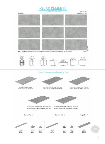 SeraPool Relax Cemento porcelain pool tile catalog view with nine field faces, matching mosaics, and pool edge pieces.