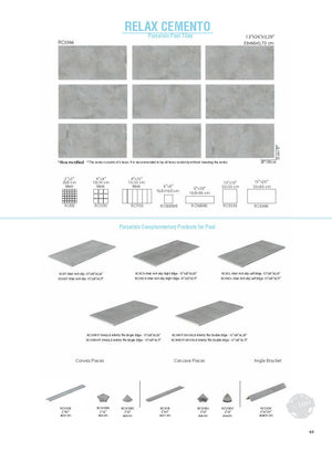 SeraPool Relax Cemento porcelain pool tile catalog view with nine field faces, matching mosaics, and pool edge pieces.