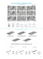 SeraPool Relax Ceppo Terrazzo Grey porcelain pool tile field page showing terrazzo-look 9-face variation and formats including 13x26 field tile