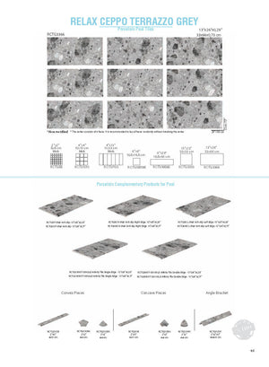SeraPool Relax Ceppo Terrazzo Grey porcelain pool tile field page showing terrazzo-look 9-face variation and formats including 13x26 field tile