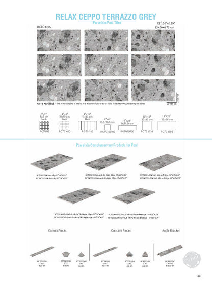 SeraPool Relax Ceppo Terrazzo Grey porcelain pool tile field page showing terrazzo-look 9-face variation and formats including 13x26 field tile