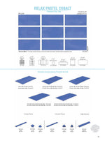 SeraPool Relax Pastel Cobalt porcelain pool tile system sheet featuring 13x26 field tile (33x66 cm), matching mosaics and pool accessories