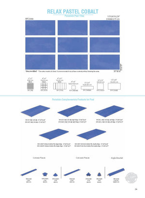 SeraPool Relax Pastel Cobalt porcelain pool tile system sheet featuring 13x26 field tile (33x66 cm), matching mosaics and pool accessories