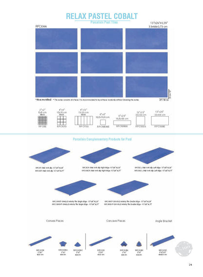 SeraPool Relax Pastel Cobalt porcelain pool tile system sheet featuring 13x26 field tile (33x66 cm), matching mosaics and pool accessories