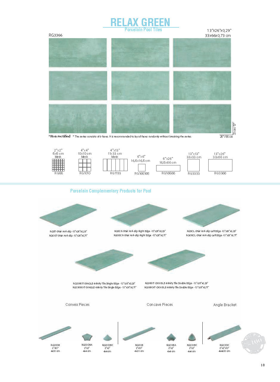 SeraPool Relax Green porcelain pool tile color chart with 9 faces, 13x26 field tile, matching mosaics and pool trim pieces