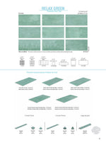 SeraPool Relax Green porcelain pool tile color chart with 9 faces, 13x26 field tile, matching mosaics and pool trim pieces