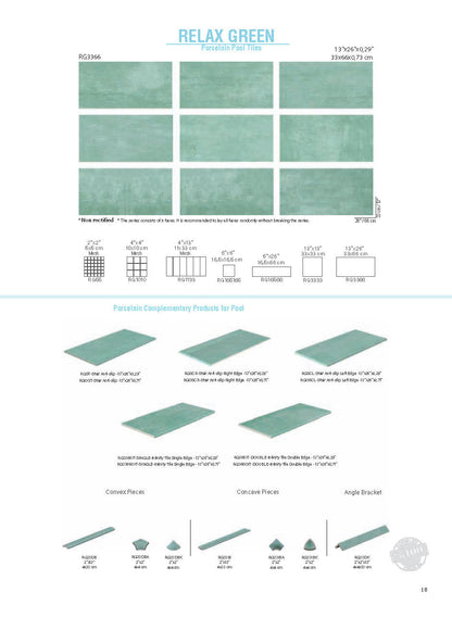 SeraPool Relax Green porcelain pool tile color chart with 9 faces, 13x26 field tile, matching mosaics and pool trim pieces