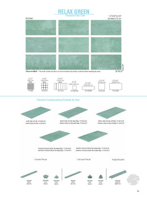 SeraPool Relax Green porcelain pool tile color chart with 9 faces, 13x26 field tile, matching mosaics and pool trim pieces