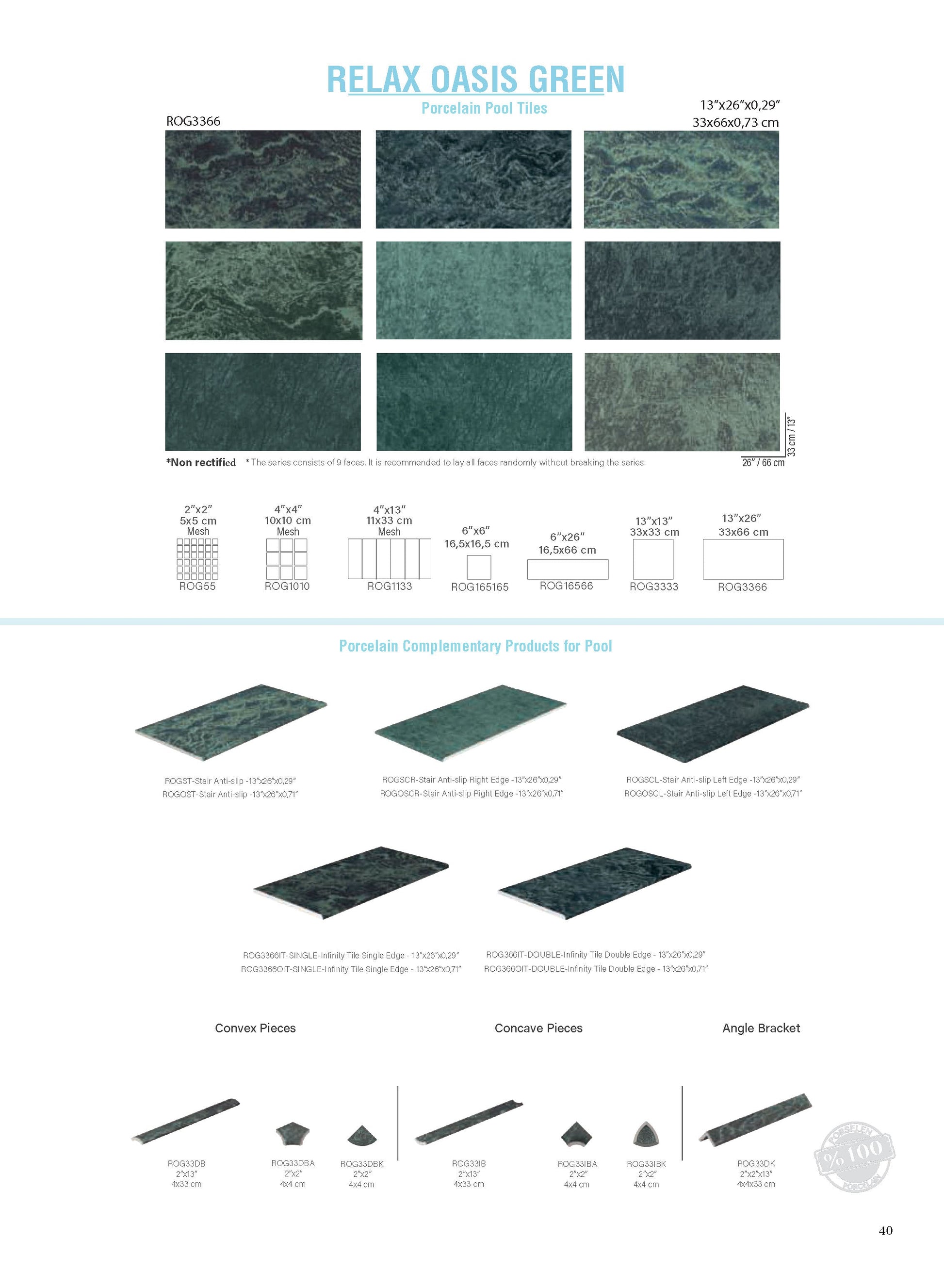 SeraPool Relax Oasis Green pool tile guide with nine face textures, field tile, mosaics, and matching trim and edge components.