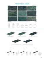 SeraPool Relax Oasis Green pool tile guide with nine face textures, field tile, mosaics, and matching trim and edge components.