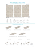 SeraPool Relax Pebble Sand Beige pool tile guide with field faces, mosaics, step edges, and overflow trim pieces.