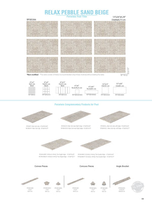 SeraPool Relax Pebble Sand Beige pool tile guide with field faces, mosaics, step edges, and overflow trim pieces.