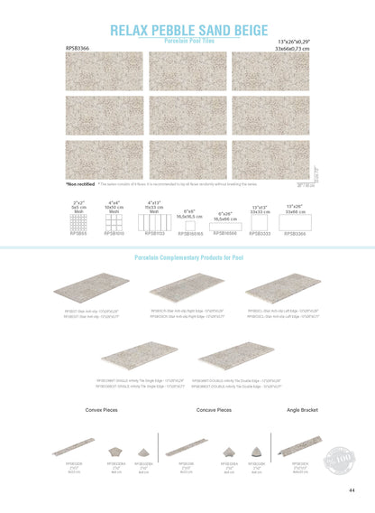 SeraPool Relax Pebble Sand Beige pool tile guide with field faces, mosaics, step edges, and overflow trim pieces.