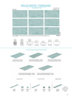 SeraPool Relax Pastel Turquoise porcelain pool tile field series sheet showing 13x26 field tile and matching mosaics plus pool edge accessories