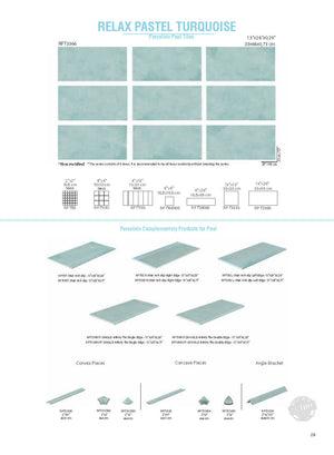SeraPool Relax Pastel Turquoise porcelain pool tile field series sheet showing 13x26 field tile and matching mosaics plus pool edge accessories