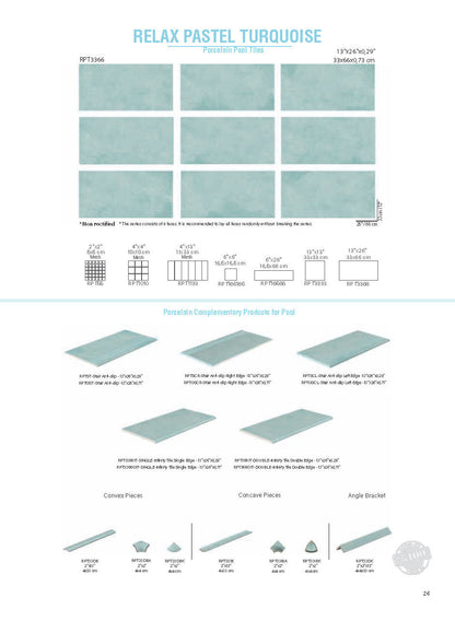 SeraPool Relax Pastel Turquoise porcelain pool tile field series sheet showing 13x26 field tile and matching mosaics plus pool edge accessories