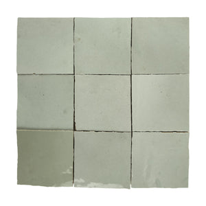 Aveline Celadon Mist 4×4 semi-gloss ceramic mosaic on a mesh-mounted sheet