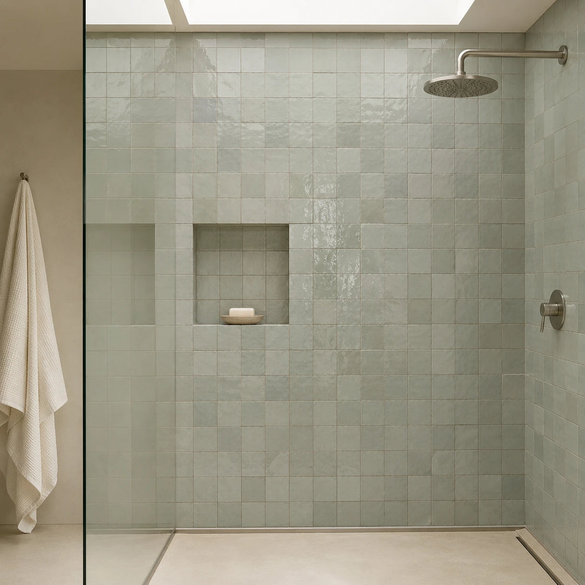 Aveline Celadon Mist 4×4 semi-gloss ceramic mosaic installed on an indoor shower wall