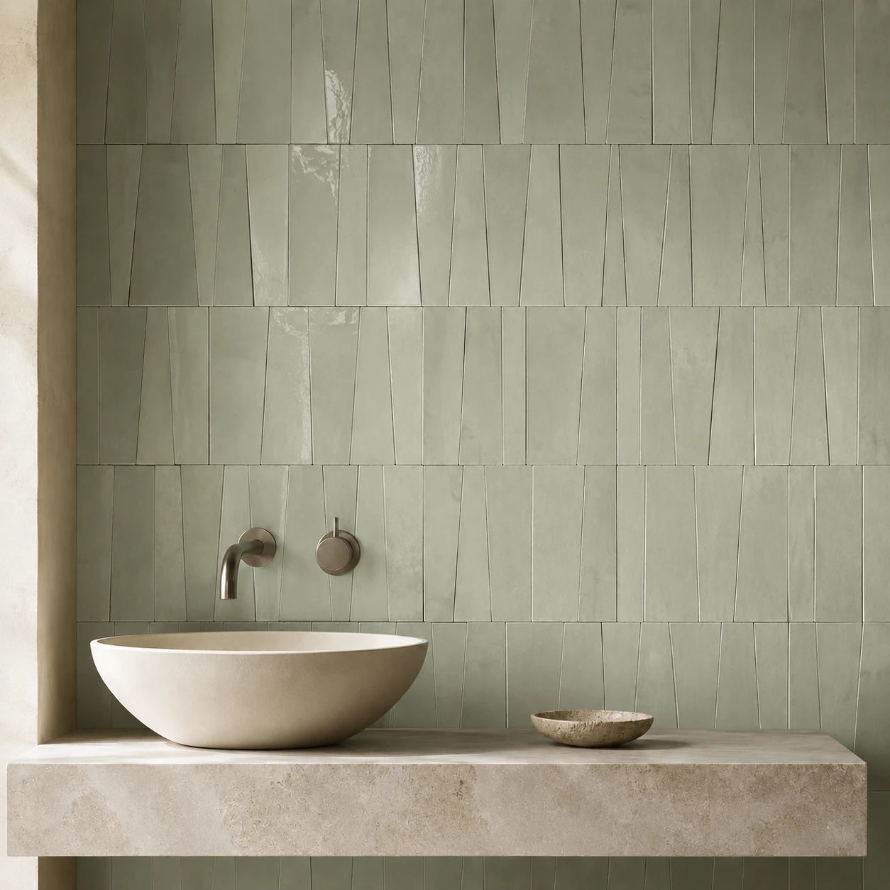 Aveline Celadon Mist semi-gloss trapezoid ceramic mosaic installed behind a limestone bathroom vanity